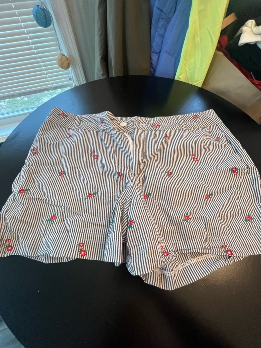 St. John's Bay White & Black Striped Shorts with pink flowers Embroidery - Picture 2 of 4